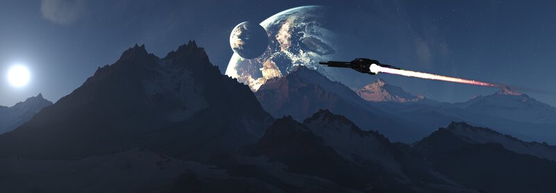 Spaceship over alien mountains