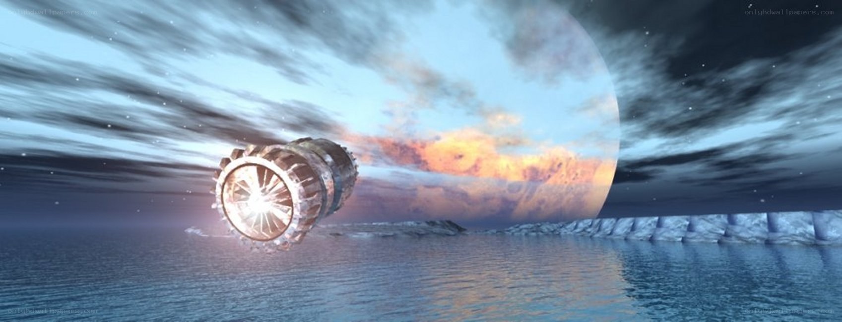 spaceship over alien ocean