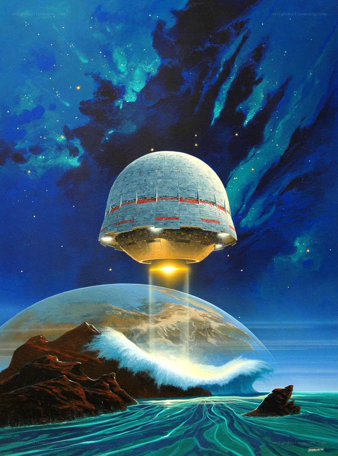Spaceship over alien planet
