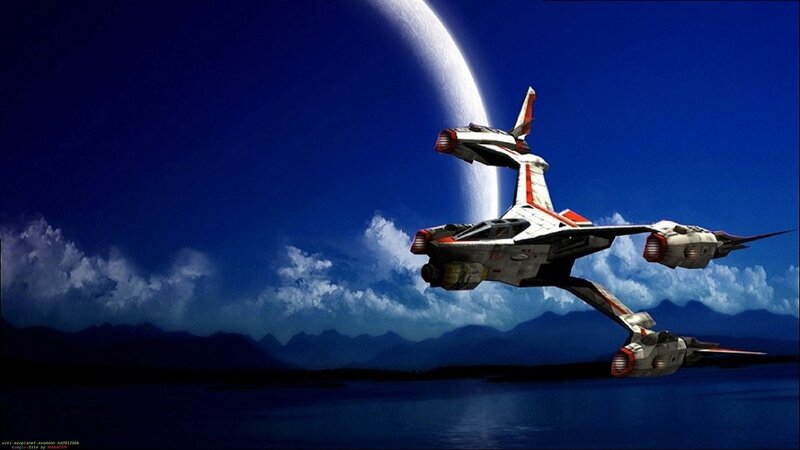 spaceship over alien planet