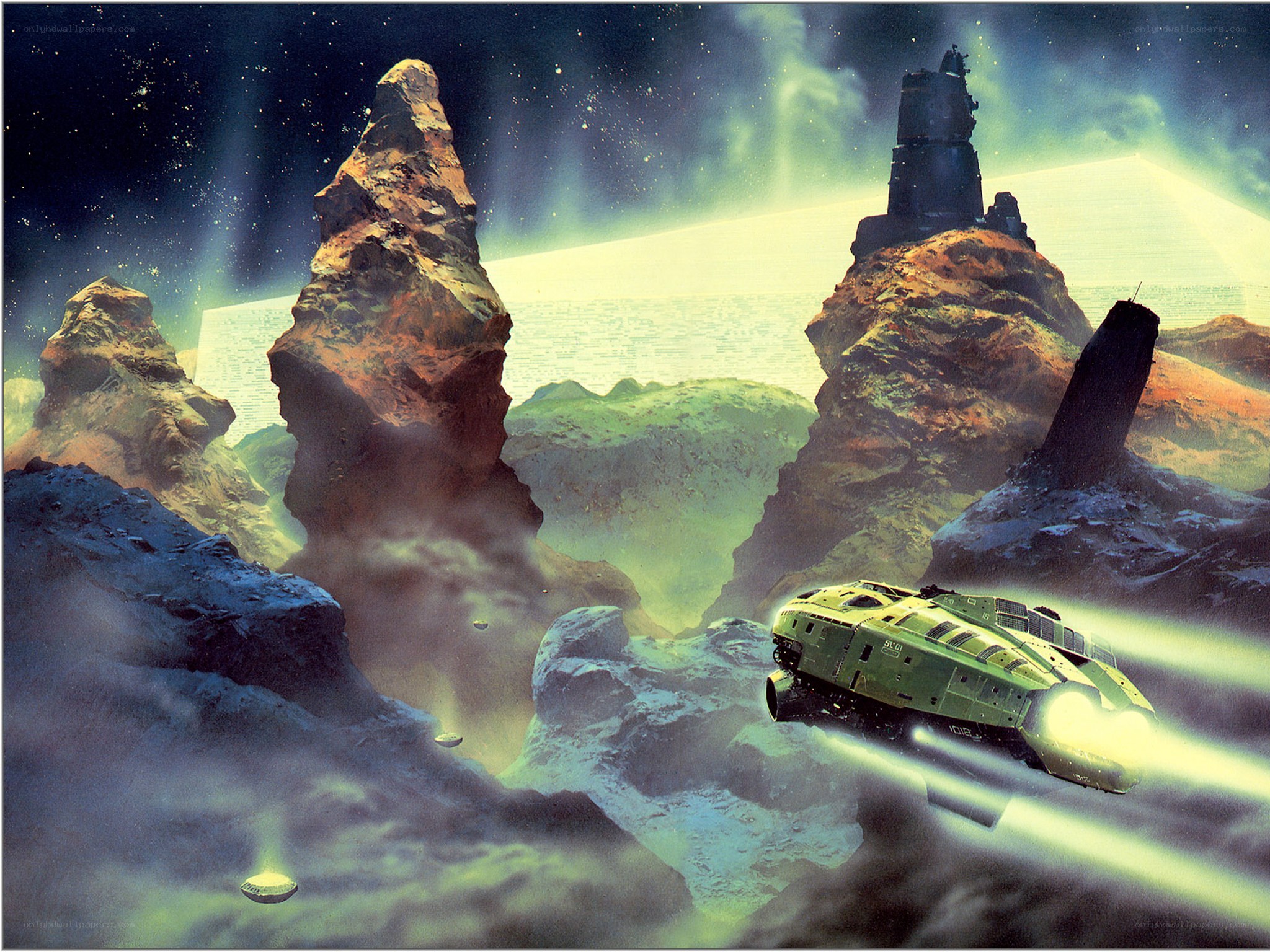 Spaceship over alien planet
