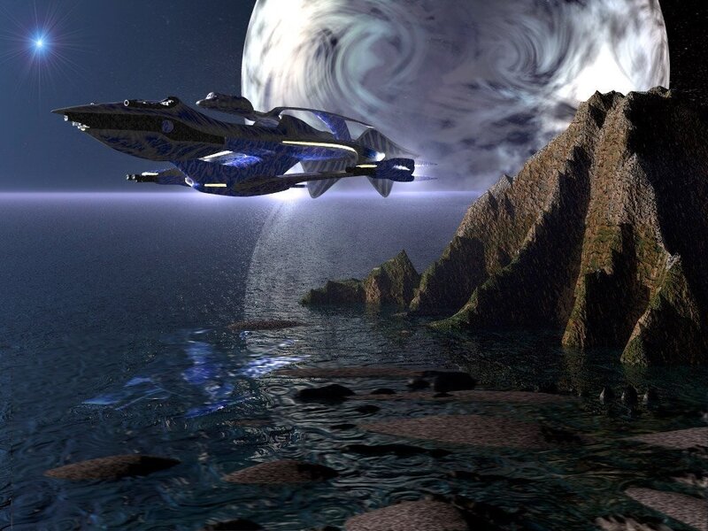 spaceship over alien planet