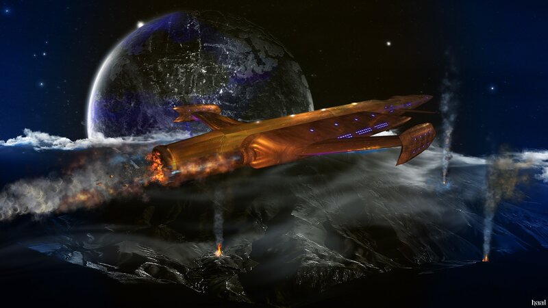 Spaceship over alien planet