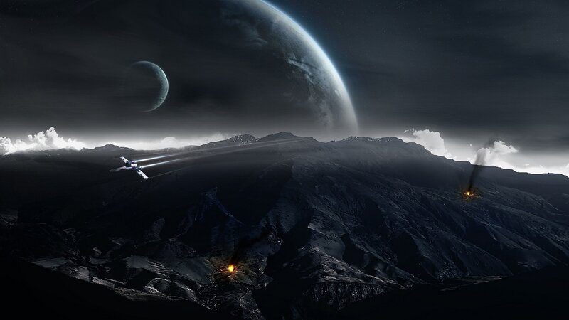 Spaceship over Alien Planet — Black, Digital Art