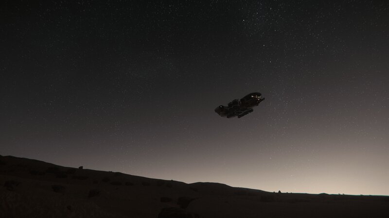 Spaceship over Alien Planet — Black, Dramatic, Night, 3d Render, Starfield