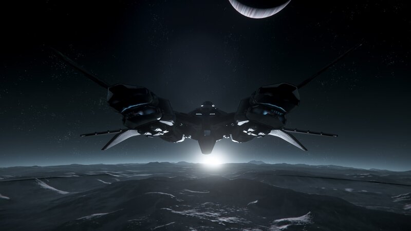 Spaceship over Alien Planet — Black, Dramatic, Night, 3d Render