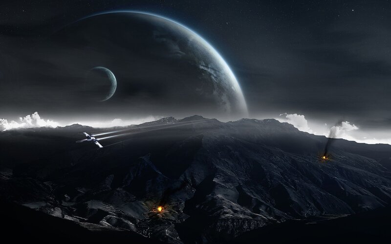 Spaceship over Alien Planet — Black, Dramatic, Night, Digital Art, Moon, Explosion, Gray, White