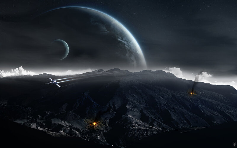 Spaceship over Alien Planet — Black, Dramatic, Night, Digital Art, Moon, Explosion