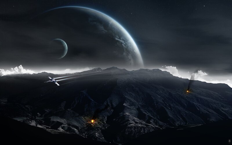 Spaceship over Alien Planet — Black, Dramatic, Night, Digital Art, Moon, Mountains, Explosion