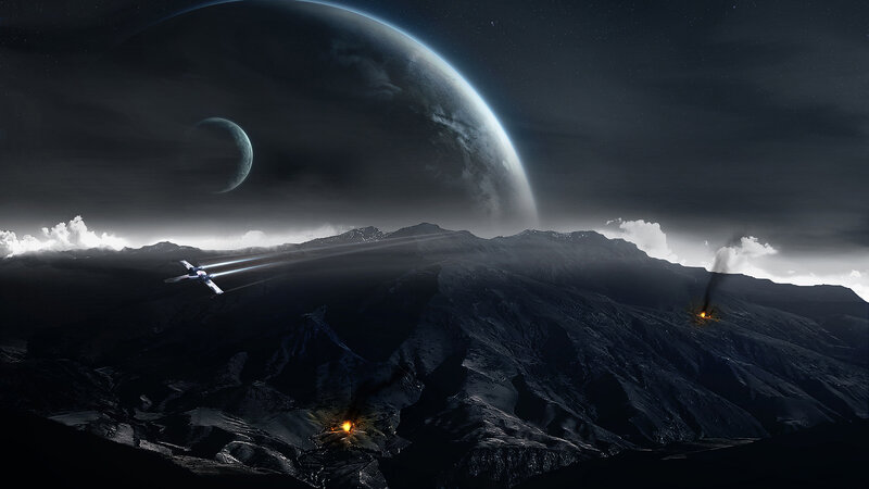 Spaceship over Alien Planet — Black, Dramatic, Night, Digital Art, Moon, Mountains