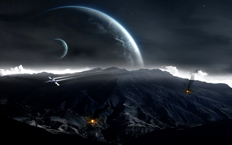 Spaceship over Alien Planet — Black, Dramatic, Night, Digital Art