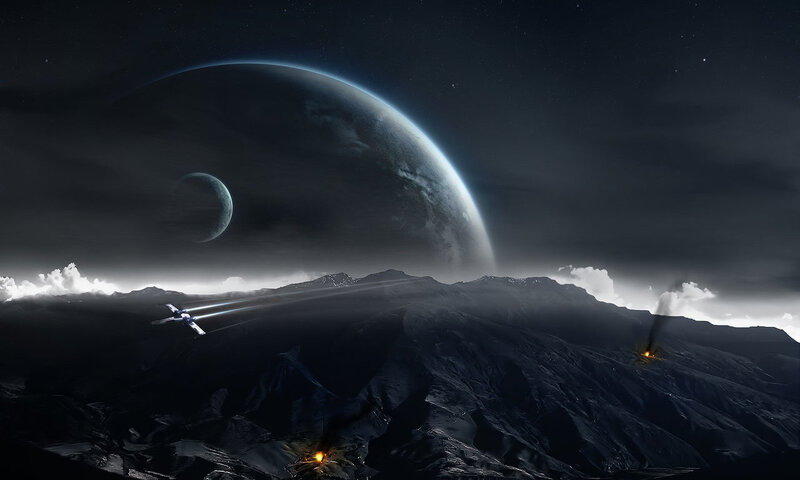 Spaceship over Alien Planet — Black, Dramatic