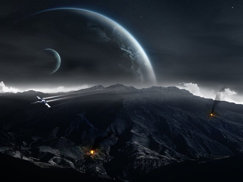 Spaceship over Alien Planet — Black