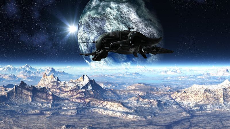 Spaceship over Alien Planet — Blue
