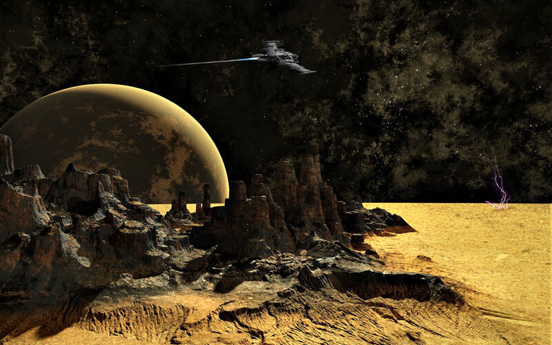 Spaceship over Alien Planet — Brown