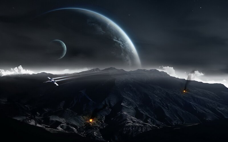 Spaceship over Alien Planet — Dramatic