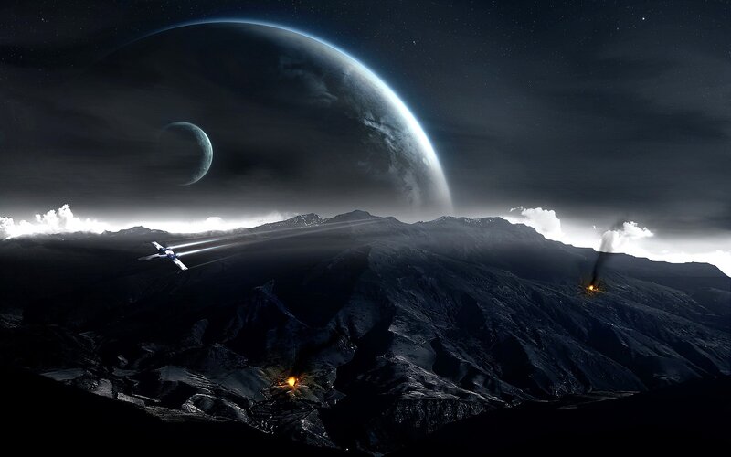 Spaceship over Alien Planet — Moon