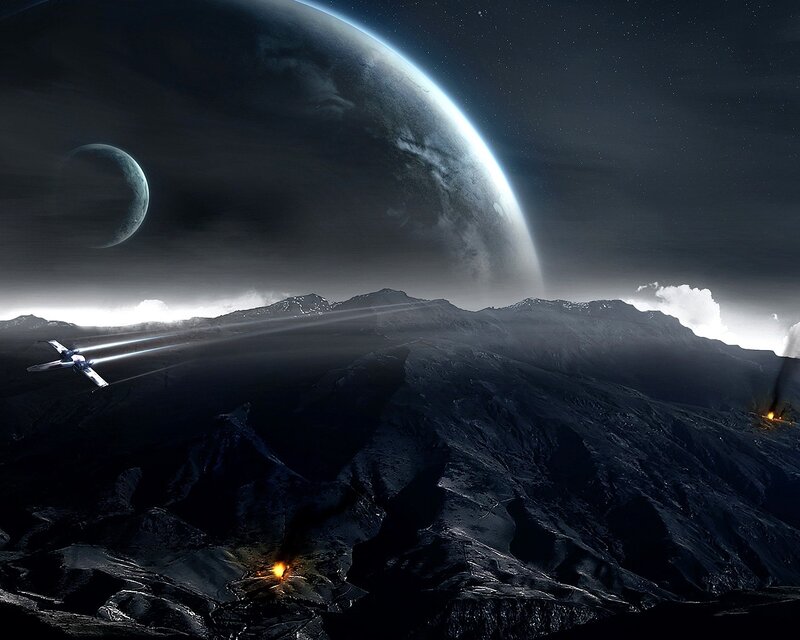 Spaceship over Alien Planet — Mountains