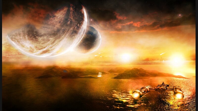 Spaceship over Alien Planet — Orange, Dramatic, Sunset, Digital Art, Planets, Sun