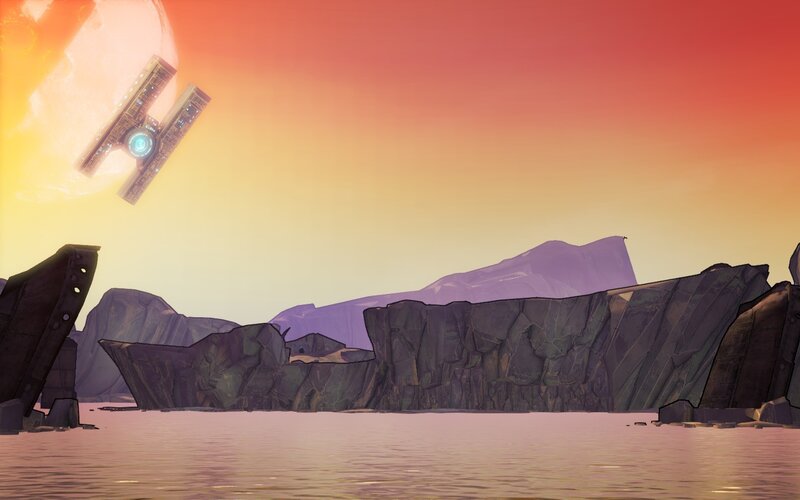 Spaceship over Alien Planet — Orange, Dramatic, Sunset, Digital Art, Rocky Cliffs