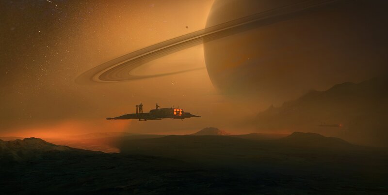 Spaceship over Alien Planet — Orange, Dramatic, Sunset, Digital Art