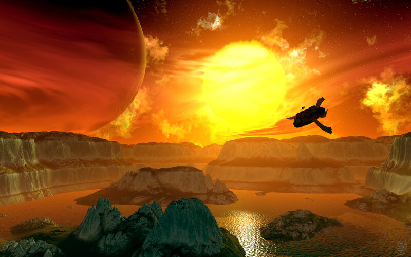 Spaceship over Alien Planet — Orange, Dramatic, Sunset