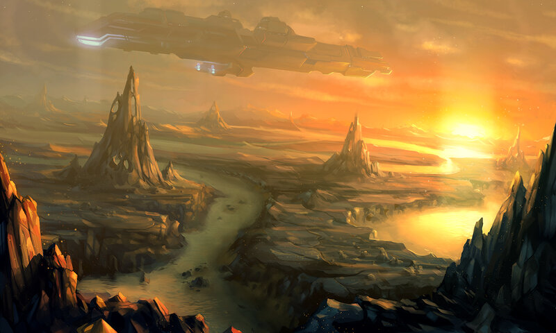 Spaceship over Alien Planet — Orange