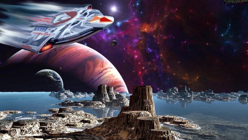 Spaceship over Alien Planet — Purple, Dramatic, Digital Art