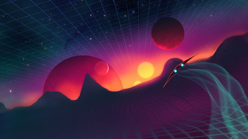 Spaceship over Alien Planet — Purple, Dramatic, Sunset