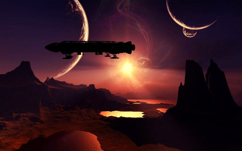 Spaceship over Alien Planet — Purple, Dramatic