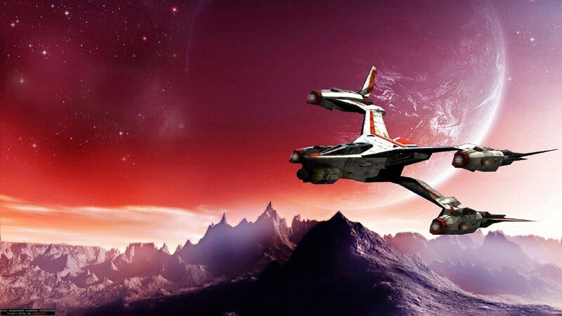 Spaceship over Alien Planet — Red, Dramatic, Night