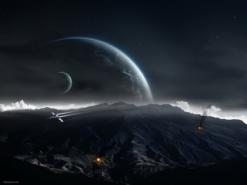 Spaceship over Alien Planet — White