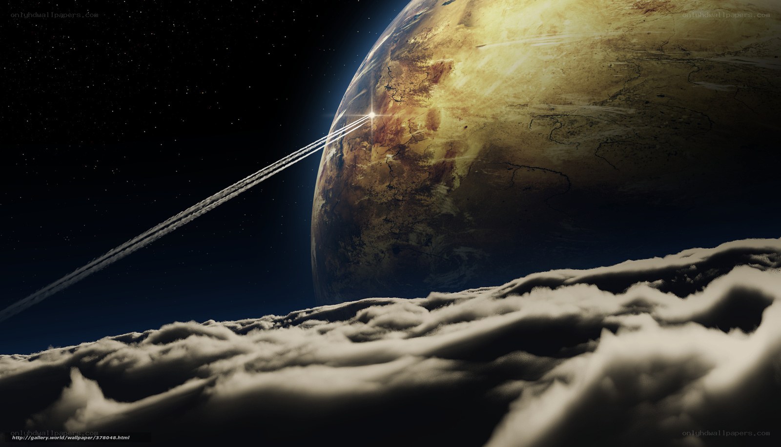 Spaceship over alien planet