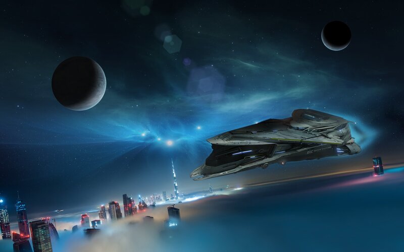 Spaceship over City — Blue