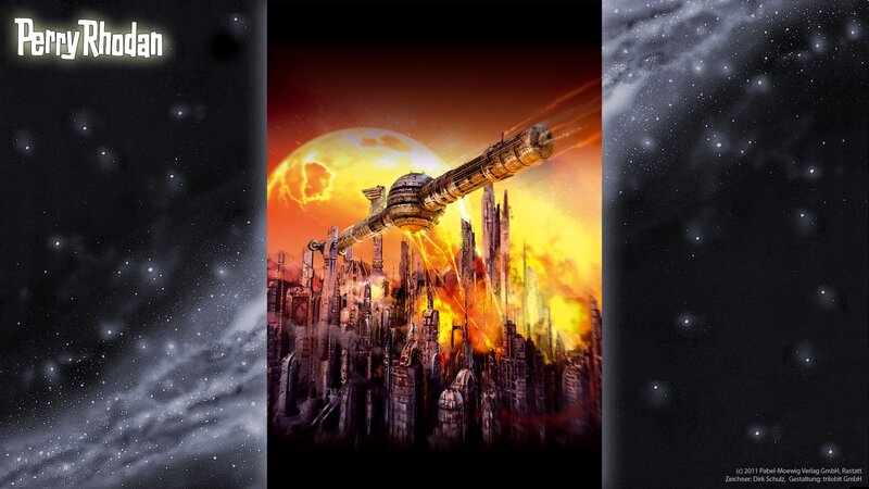 Spaceship over City — Orange, Dramatic, Sunset, Digital Art