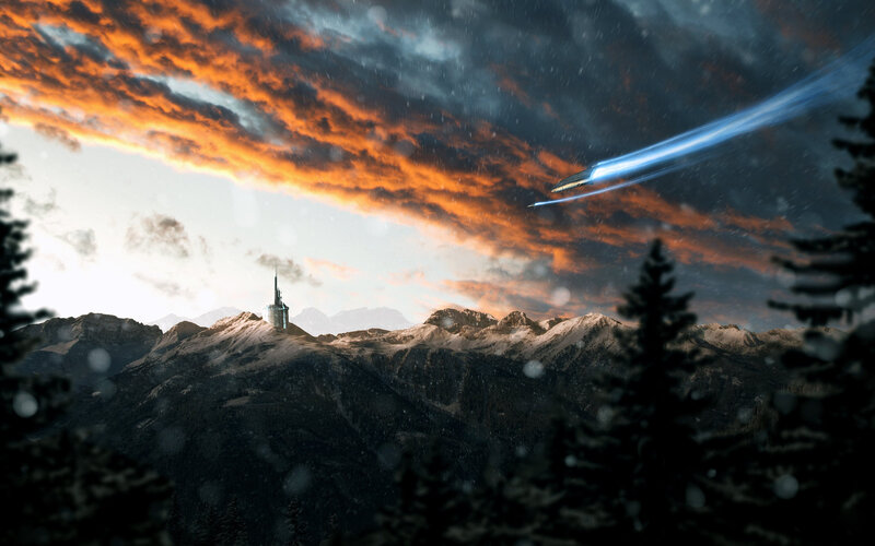 Spaceship over Mountains