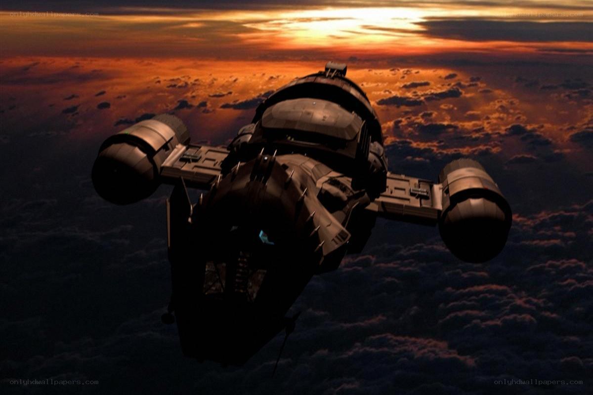 spaceship over planet at sunset