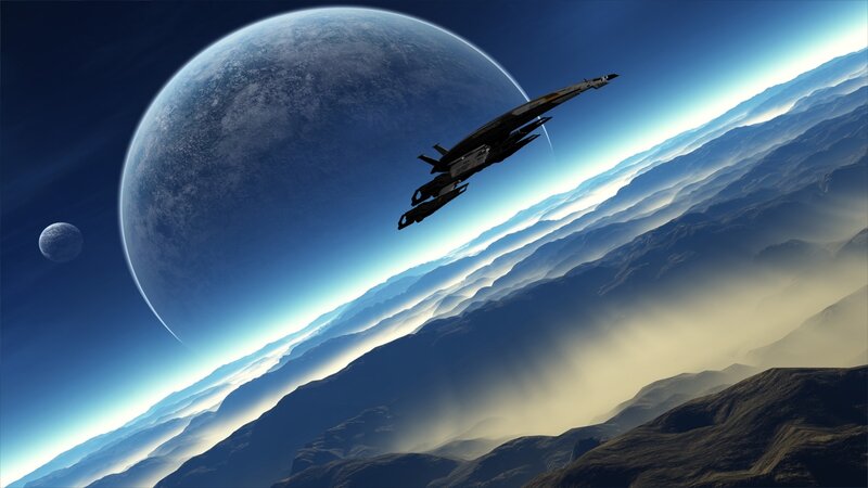 Spaceship over Planet — Blue, Dramatic, Digital Art, Moon