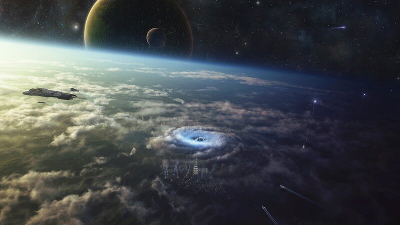 Spaceship over Planet — Blue, Dramatic