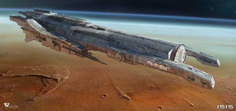 Spaceship over Planet — Brown, Dramatic