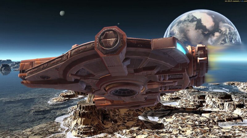 Spaceship over Planet — Brown