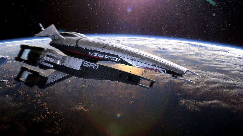 Spaceship over Planet — Gray, Dramatic, Digital Art
