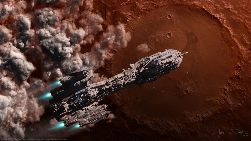 Spaceship over Planet — Red
