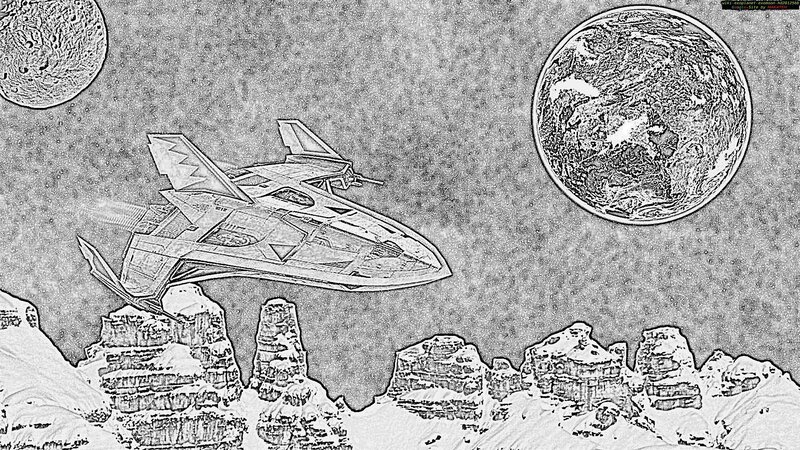 Spaceship over Rocky Planet — Black