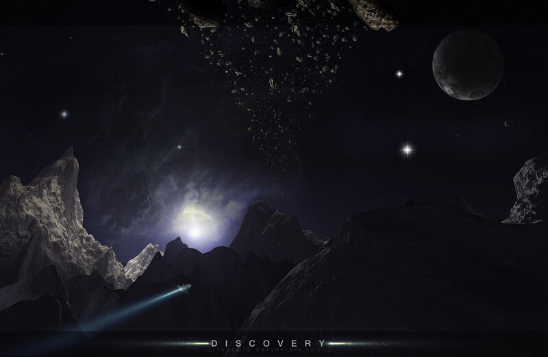 Spaceship over Rocky Planet