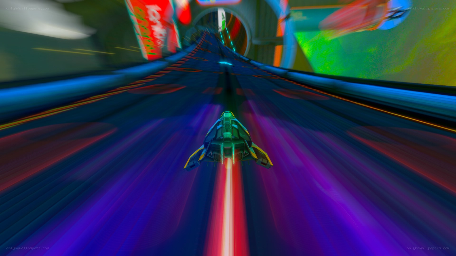 spaceship racing through neon tunnel