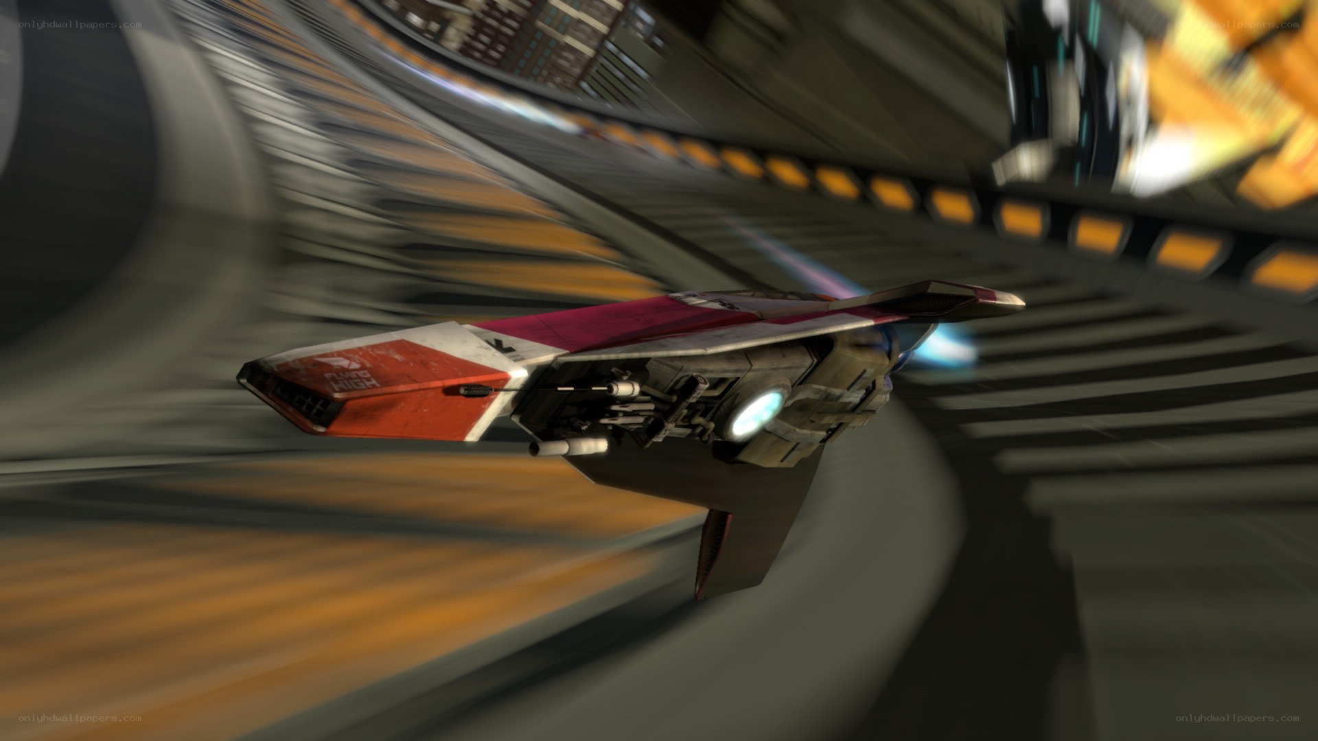 spaceship racing through tunnel