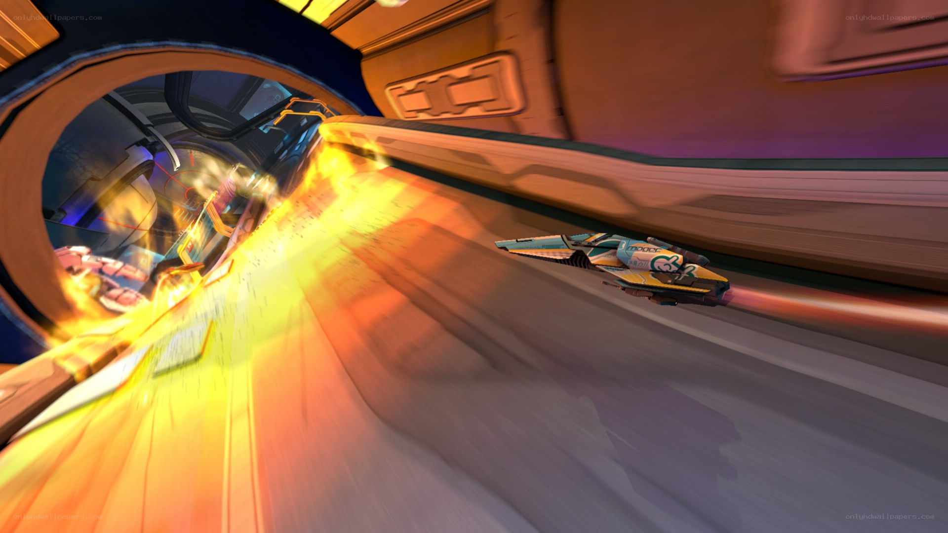 spaceship racing through tunnel