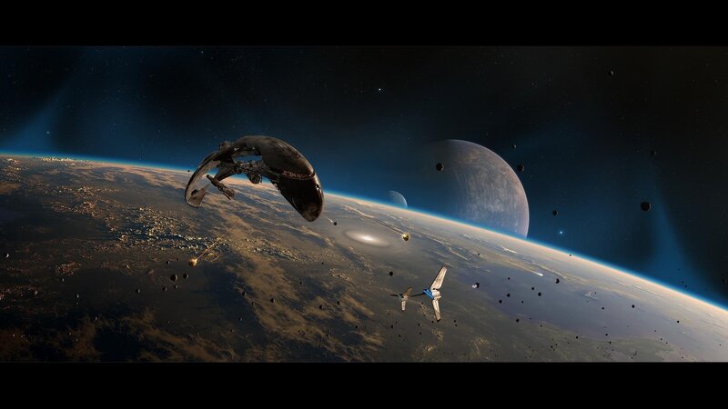 Spaceships above a planet