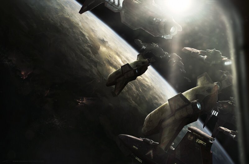 Spaceships above a planet